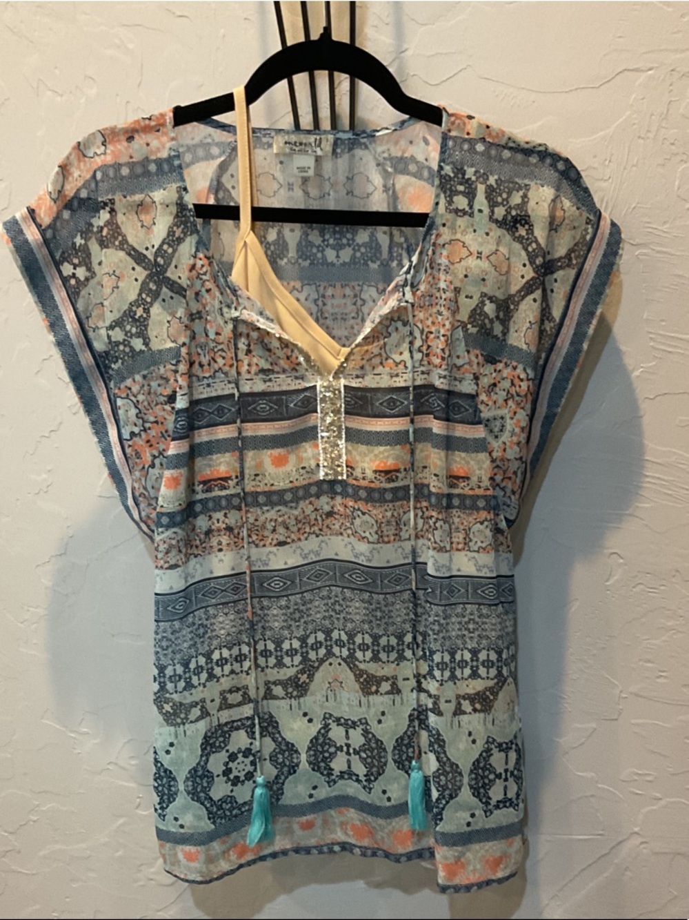 ONE WORLD Sheer Boho V-Neck Tunic in Blue & Peach
